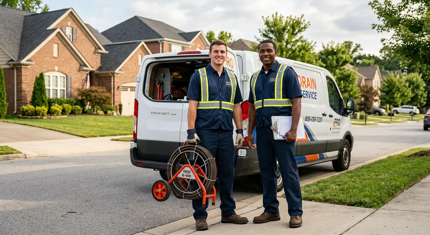 Sewer and drain service team with equipment ready for work in Piney Green