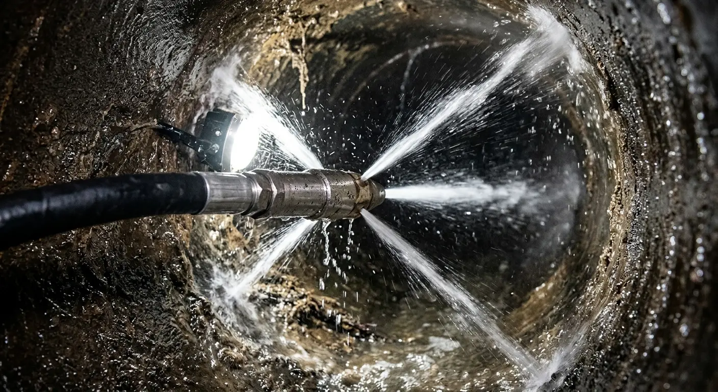 High-pressure hydro jetting nozzle cleaning sewer pipe for Sewer Cleanout in Piney Green