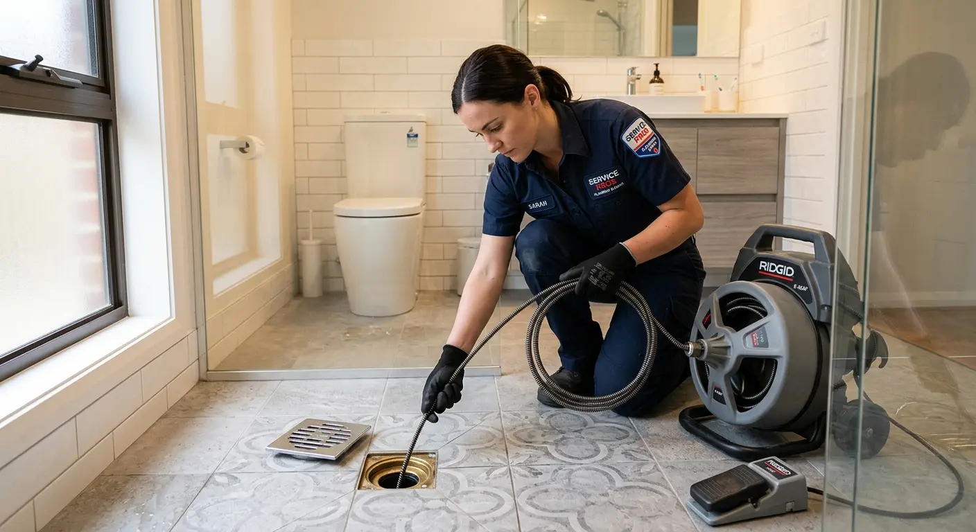 Technician clearing a bathroom floor drain for Hydro Jetting in Piney Green